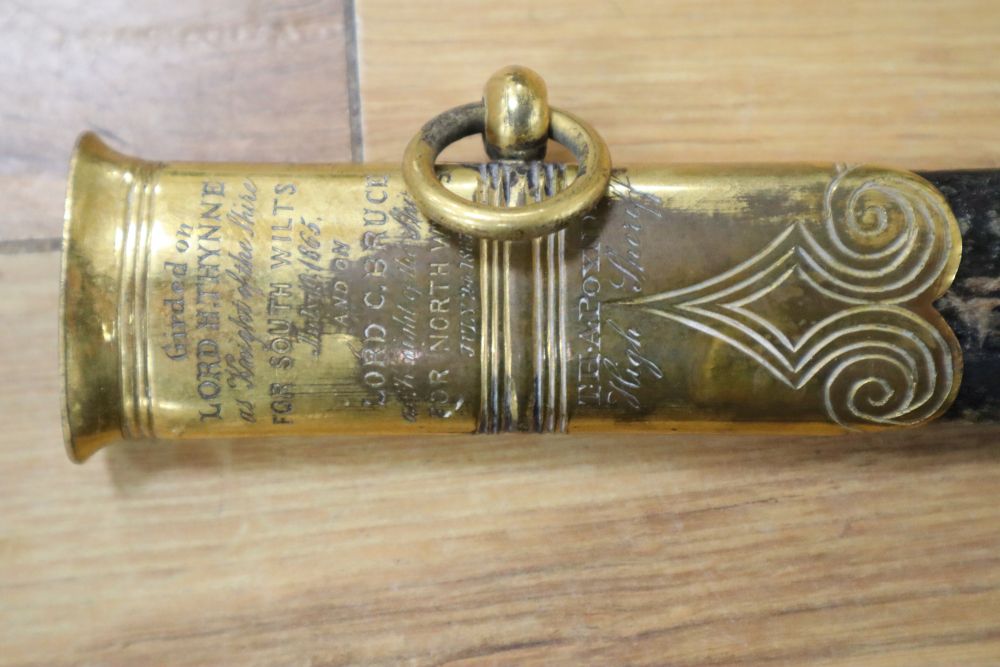 A Victorian officers sword, shagreen grip and 81cm curved, etched, single-edged blade, gilt metal scabbard, inscribed and personalised